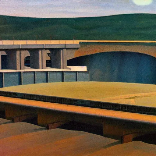 Prompt: hydroelectric dam, turbines, spillway, fish ladder, grant wood, pj crook, edward hopper, oil on canvas