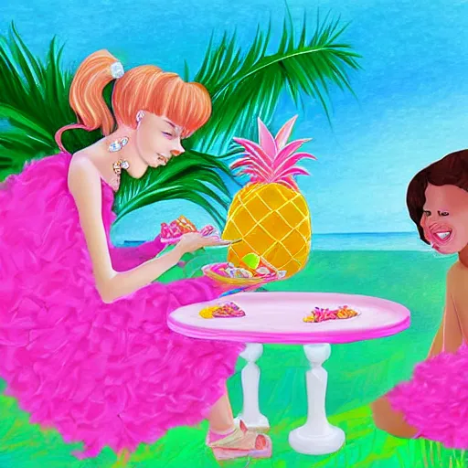 Prompt: pinkalocious on the beach, eating a pink pineapple, while talking to fancy nancy, who is wearing a butterfly princess dress, detailed, realistic, digital art, hq