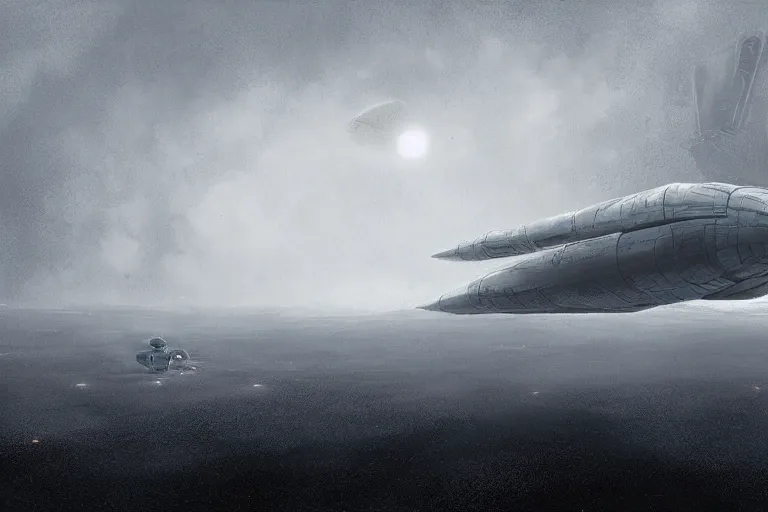 Prompt: concept art of spaceship by Michal Klimczak, foggy background