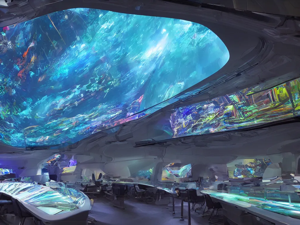 Image similar to visor with curved translucent screens projecting detailed sci - fi art ( 2 0 4 2 ), pixel perfect photograph, high contrast, volumetric lighting, thin glowing lights, underwater, chairs, users, pair of keys