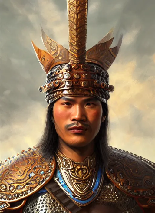 Image similar to smart tai warlord, closeup portrait, without beard and mustache, historical hero, ethnic group, tai costume, thai transitional bronze headdress, intricate, with leather armor cross on bare chest, elegant, loin cloth, highly detailed, oil painting, artstation, concept art, matte, sharp focus, illustration, hearthstone, art by earl norem