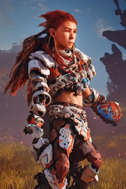 Image similar to combination suit armor aloy horizon forbidden west horizon zero dawn robot ninja mask helmet backpack tribal, aesthetic octane render, 8 k hd resolution, by ilya kuvshinov and cushart krentz and gilleard james radiating a glowing aura cgi rtx 2 0 2 2