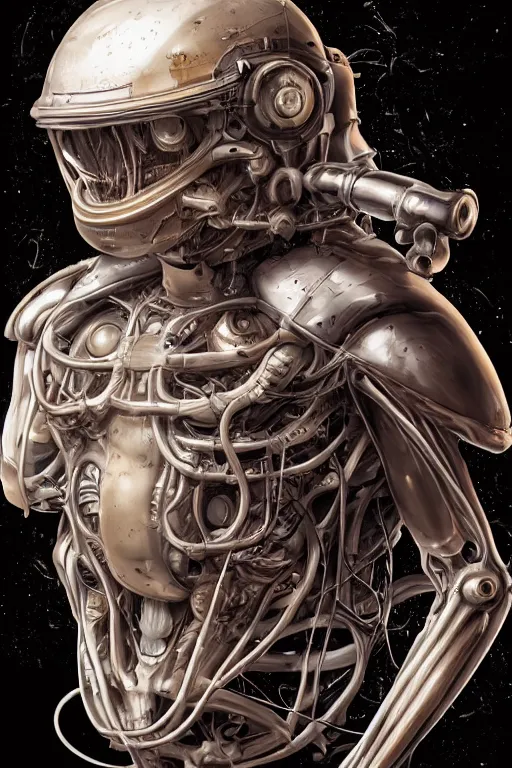 Image similar to a humanoid hamster in a closed helmet in a biopunk costume consisting of swollen muscles, tendons, bones joints, protruding pistons. masterpiece 4k digital illustration by Scott M. Fischer, award winning, Artstation, Akira aesthetic, black background, intricate details, realistic, Hyperdetailed, 8k resolution