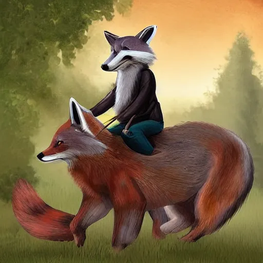 Prompt: a very large fox with a riding saddle offers a ride to a raccoon, digital art