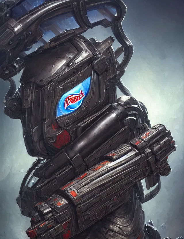 Image similar to a portrait of a tactical exoskeleton with miniguns painted with the pepsi logo, by moebius and tyler edlin and hr giger, trending on artstation, digital art, 4 k resolution, detailed, high quality, sharp focus, hq artwork, coherent, insane detail, concept art