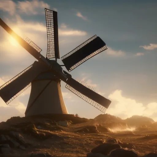 Image similar to gundam as dutch windmill in gundam, gundam is windmill shaped, dutch windmill gundam, in gears of war, splash art, movie still, cinematic lighting, ray tracing, octane render, long lens, shallow depth of field, bokeh, anamorphic lens flare, 8 k, hyper detailed, 3 5 mm film grain