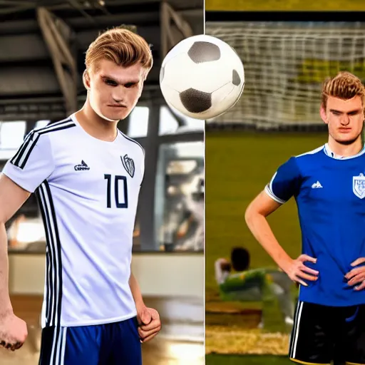 Prompt: a realistic detailed photo of a guy who is an attractive humanoid who is half robot and half humanoid, who is a male android, soccer players martin ødegaard & timo werner, shiny skin, posing like a statue, blank stare, in a factory, on display, showing off his muscles, gold soccer shorts, side view, looking at each other mindlessly