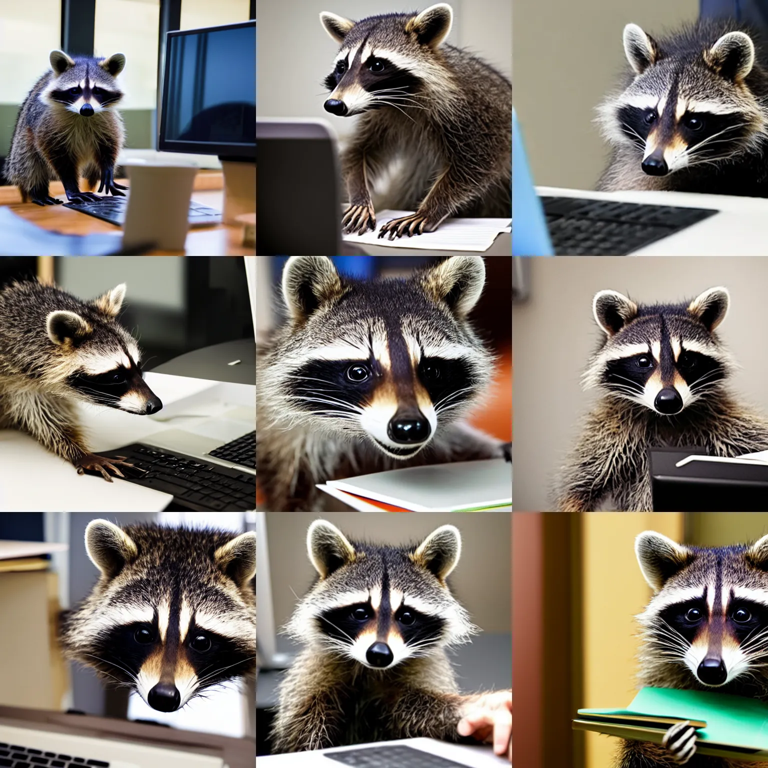 Prompt: photo of a raccoon working in the office