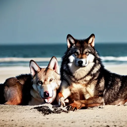 Image similar to professional photo of a shark body and canine wolf head half wolf half shark strange chimera discovered on the beach