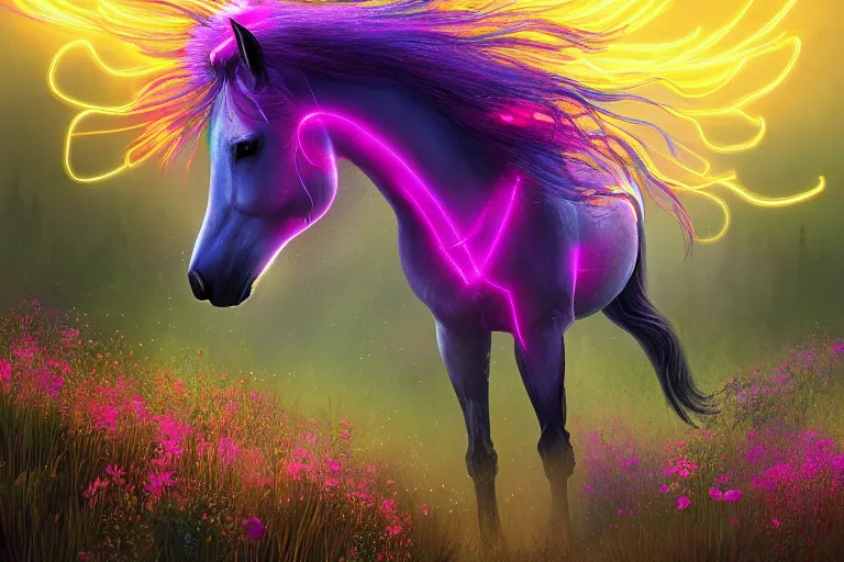 Image similar to a stunning digital painting of a flowerpunk horse with a mane of bioluminescent flowers running through a meadow by eddie mendoza, volumetric light, digital art, fine detail, photorealistic