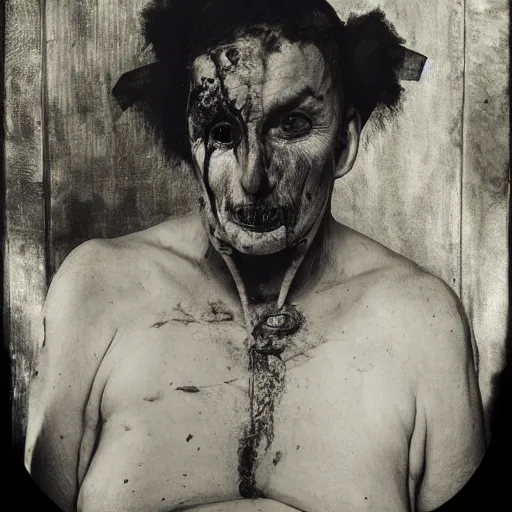 Image similar to high quality high detail portrait by joel peter witkin, hd, a remorseless psychopath, intense unsettling look in the eyes, photorealistic lighting