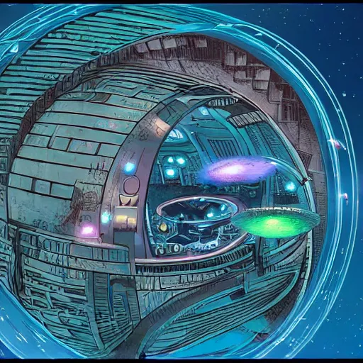 Prompt: a futuristic space colony with large round bubbled archaeologies, highly detailed, sci-fi, high-tech, star wars, star trek, firefly, neon lights