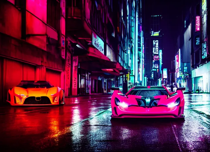 Image similar to a neon hypercar in the dark and rainy city street by Liam Wong