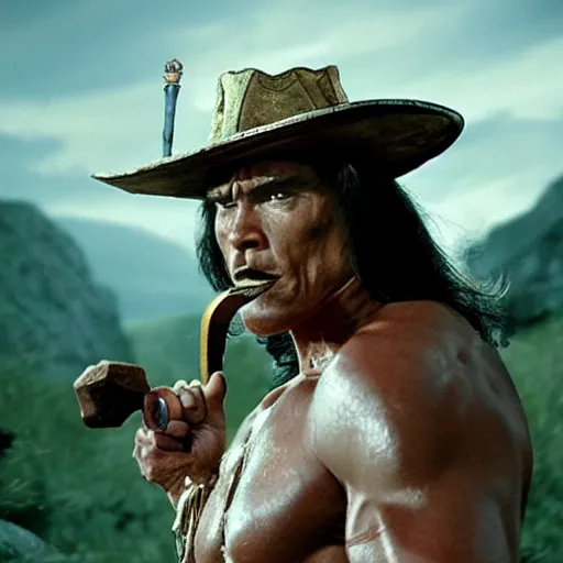 Prompt: conan the barbarian on a bicycle smoking a pipe in a sombrero, photorealistic