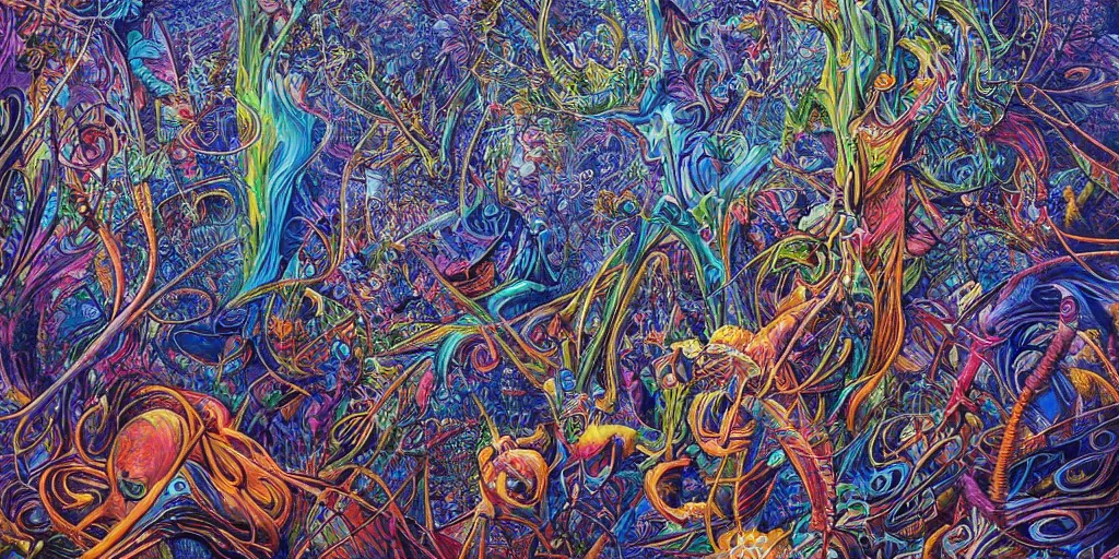 Prompt: 🌲🌌, acrylic on canvas, expressionism movement, breathtaking detailed, by android jones, alex grey, chris dyer, and aaron brooks, photorealistic