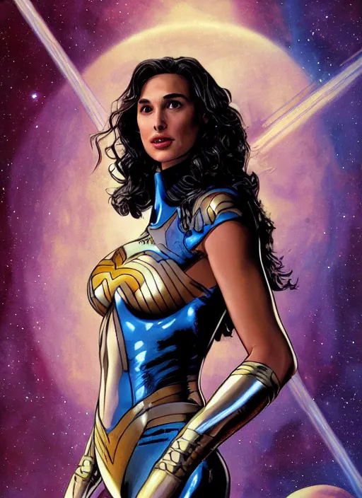 Prompt: portrait of gal gadot as a space ranger on an alien planet by clyde caldwell, rule of thirds