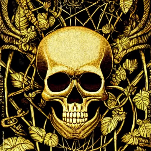 Image similar to chiaroscuro Still life photo of ray of light shining on golden skull completely etched with detailed and intricate ancient rune symbols, and overtaken by plant ivy filigree, in a Vast jungle background, by ayami kojima