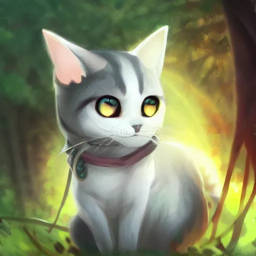 Image similar to a portrait of a cat in the forest, trending on artstation, trending on furaffinity, digital art, by kawacy, anime, furry art, warm light, backlighting, cartoon, concept art