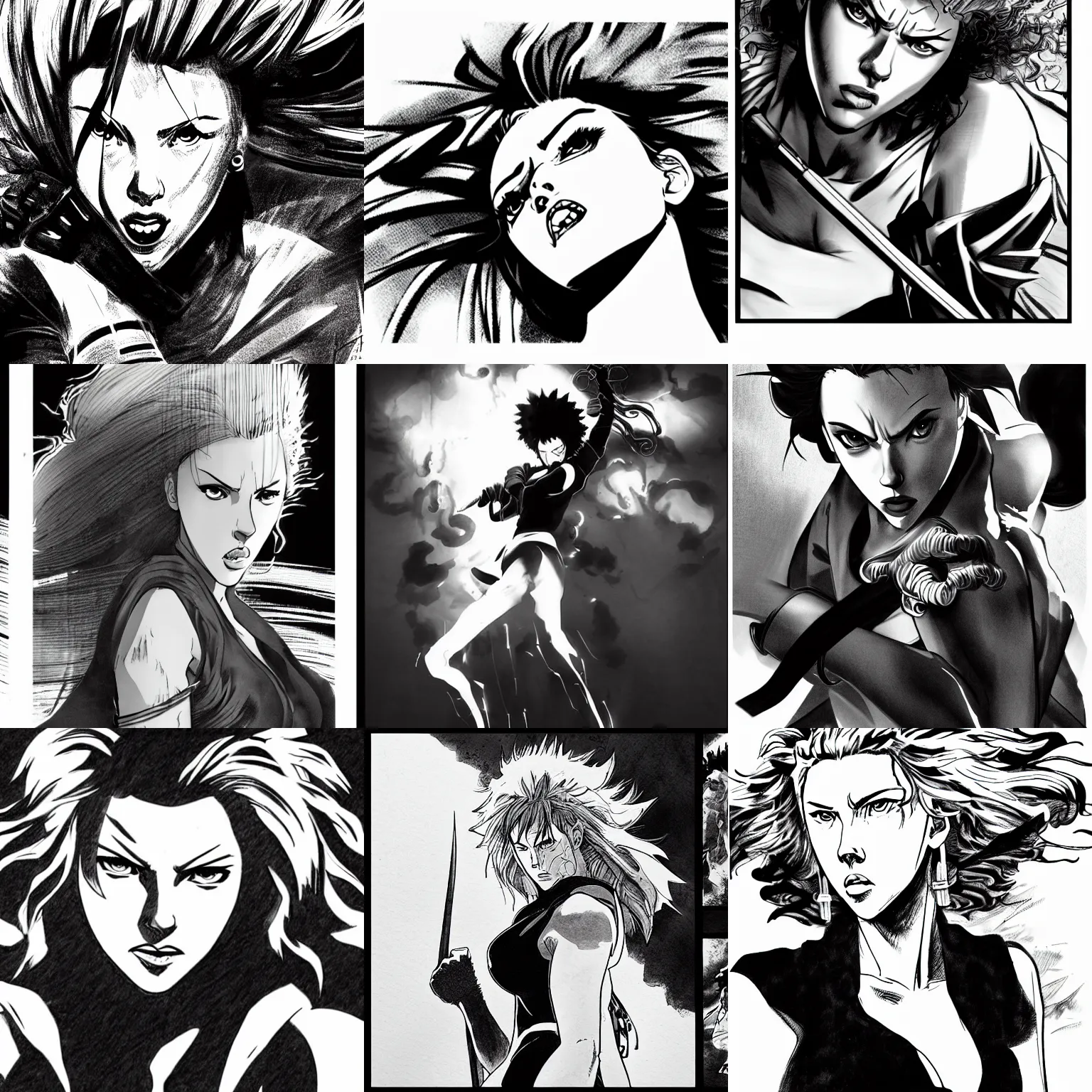 Prompt: 1 0 key frame animation of scarlett johansson with angry expression swinging fist, afro samurai anime. dramatic lighting, anime style, pencil and ink manga drawing,