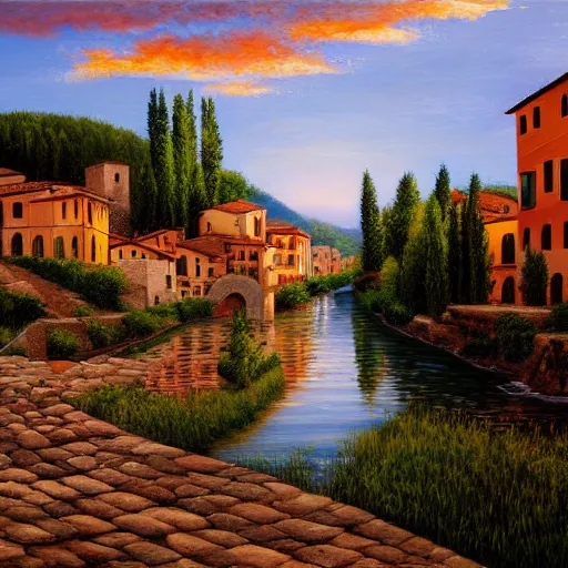 Image similar to High-Quality realist painting of a river crossing a traditional Italian village at dawn, peaceful, very detailed, digital art.