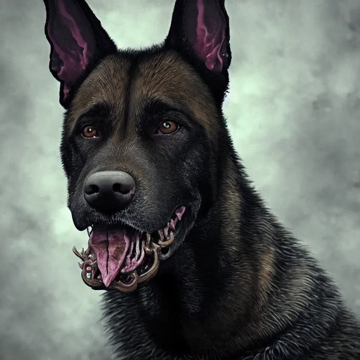 Image similar to portrait of zombie belgian-malinois. intricate abstract. intricate artwork. by Tooth Wu, wlop, beeple, dan mumford. octane render, trending on artstation, greg rutkowski, very coherent symmetrical artwork. cinematic, hyper realism, high detail, octane render, 8k, iridescent accents, deep blacks