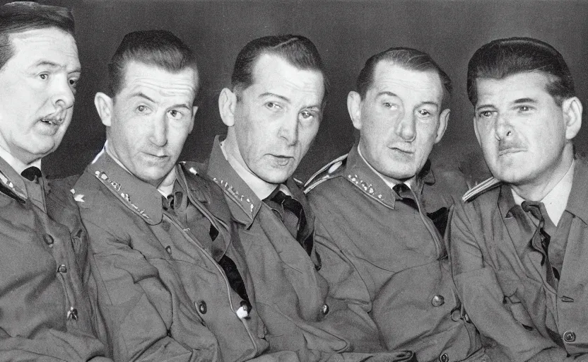 Image similar to 50s movie still close-up portrait of three individual elder soviet generals with very diverses faces in a stalinist style hall, by Irving Penn, Cinestill 800t 50mm black and white, heavy grainy picture, very detailed, high quality, 4k, HD criterion, precise texture, facial precision, diverse haircuts, diverse ages, each faces precisely define