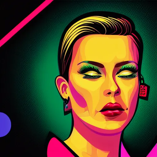 Prompt: a portrait of a handsome butch woman, in retro colors, synthwave style, 2 d digital vector art