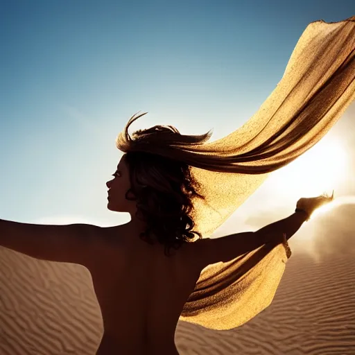 Image similar to filmstill photography of female body sulhouette covered with curly white translucent blanket blowing in wind, acrylic liquid colors, luxurious supermodel photoshooting, golden jewelry, bokeh, godrays, strong wind, wrinkles, sunrays, sunset, lens flares, monet, painting by renoir, cold colors, sand dunes