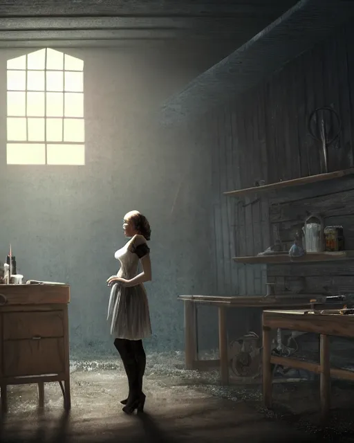 Image similar to style : disco elysium. composition : medium shot. style : digital art ; detailed ; menacing ; 4 k. scenery : the inside of a dark barn ; a faint ray of light is shining through a crack in the planks. subject : a young woman ; dark hair ; wearing a white dress. action : the woman is hiding behind a workbench.