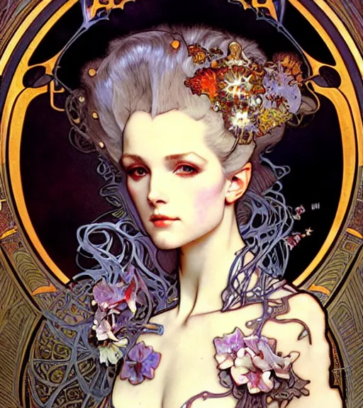 Prompt: realistic detailed face portrait of beautiful young otherworldly alien cyberpunk warrior marie antoinette by alphonse mucha, ayami kojima, amano, greg hildebrandt, and mark brooks, art nouveau, female, feminine, rococo cyberpunk, neo - gothic, gothic, character concept design