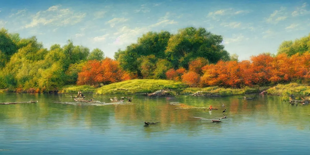 Prompt: a beautiful lake landscape in summer, romantic ambiente, reed on riverbank, no mountains, clear sky, sunshine, colorful, by Ernest deutsch + Ted Nasmith, cinematic lighting, masterpiece, highly detailed, 8k resolution, trending on art station
