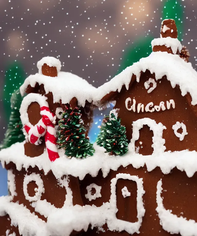 Image similar to high quality presentation photo of a gingerbread snow cottage, photography 4k f1.8 anamorphic bokeh 4k Canon Nikon