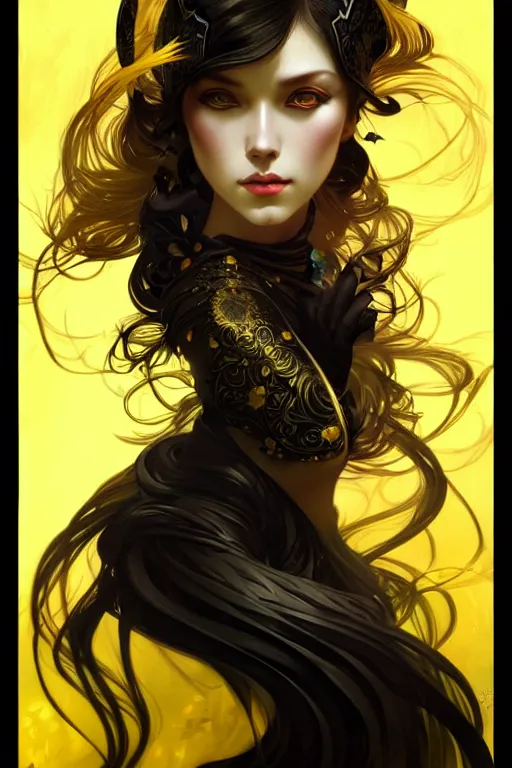 Image similar to beautiful black yellow, dark fantasy, intricate, elegant, highly detailed, digital painting, artstation, concept art, matte, sharp focus, illustration, art by artgerm and alphonse mucha