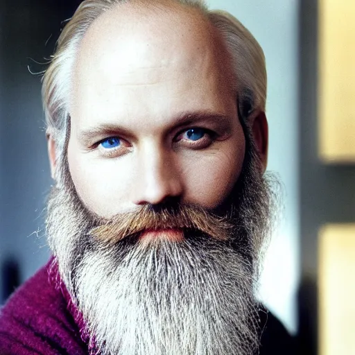 Prompt: color 35mm film still of a balding, middle aged blond man with a full blond beard and dark blue eyes, figure portrait