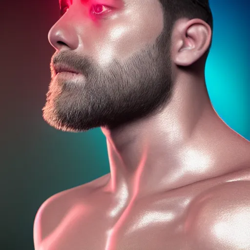 Image similar to profile of a beautiful! male with bionic eye!, neon glow, ultra realistic HD 8K raytracing, octane rendered dark background