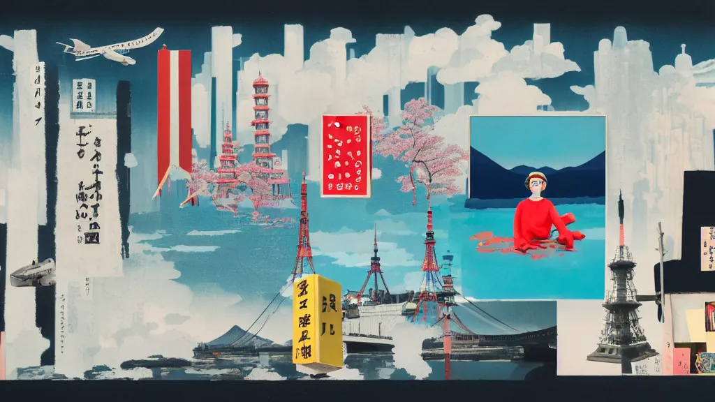 Image similar to an arrangement of sightseeing traveller props, japan, a collage painting, in the style of wes anderson, lola dupre, david hockney, isolated on negative white space background dark monochrome neon spraypaint accents volumetric octane render