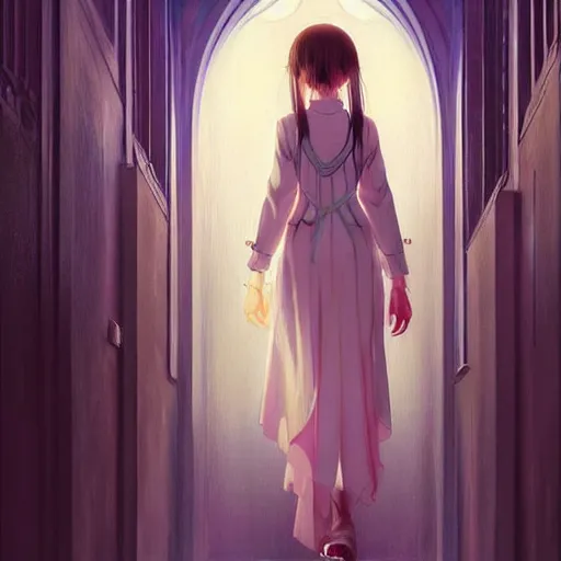 Image similar to angelic girl in intricate clothing walking a cathedralic hallway at night, very high detail, painting, anime, wlop, ilya kuvshinov, artgerm, krenz cushart, greg rutkowski, sana takeda