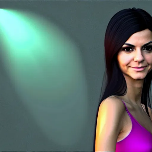 Image similar to photorealistic 3D render of Victoria Justice dressed in a silk tank-top while she thinks a memory she thought she had but the memory was from the mind of the King of razor blades, Pinterest filter, complex detail added after taking the film still at 16K resolution, amazingly epic visuals, epically luminous image, amazing lighting effect, image looks gorgeously crisp as far as it's visual fidelity goes, absolutely outstanding image, perfect film clarity, amazing film quality, iridescent image lighting, mega-beautiful pencil shadowing, 16k upscaled image, soft image shading, crisp image texture, intensely beautiful image, large format picture, it's a great portrait of the highest quality, great Pinterest photo, Vogue portrait is masterfully lit, intricate, elegant, highly detailed, smooth, sharp focus, award-winning, masterpiece, in the style of Tom Bagshaw, Cedric Peyravernay, Peter Mohrbacher