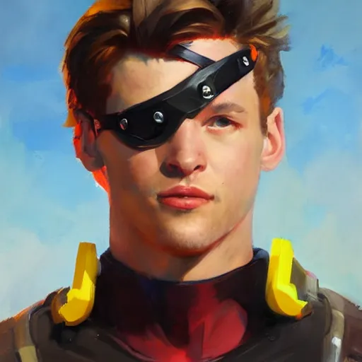 Image similar to greg manchess portrait painting of scott summers aka cyclops as overwatch character, medium shot, asymmetrical, profile picture, organic painting, sunny day, matte painting, bold shapes, hard edges, street art, trending on artstation, by huang guangjian and gil elvgren and sachin teng