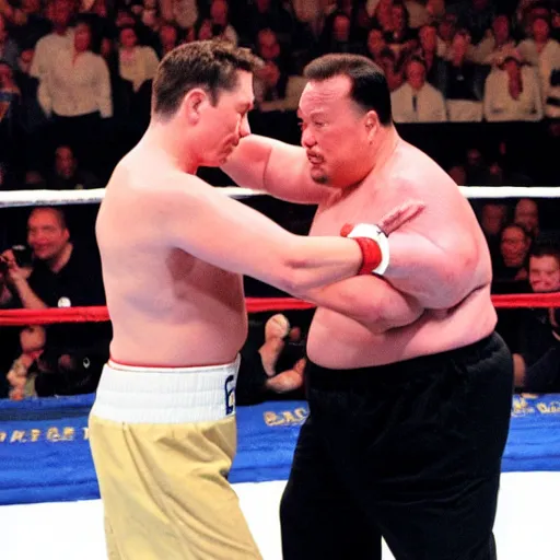 Image similar to obese elon musk fighting obese steven seagal in a boxing match, wet