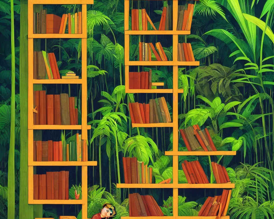 Image similar to one small bookshelf in the rainforest, featuring gavels, by hopper. hyperdetailed, proportional, romantic, enchanting, achingly beautiful, graphic print, trending on artstation, jungle, tropical, foliage