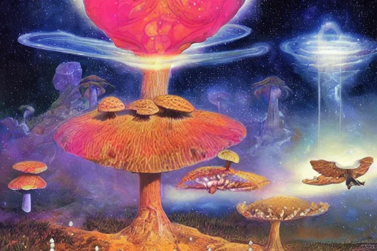 Image similar to how magic mushrooms can take us to the farthest reaches of innerspace, painting by james gurney