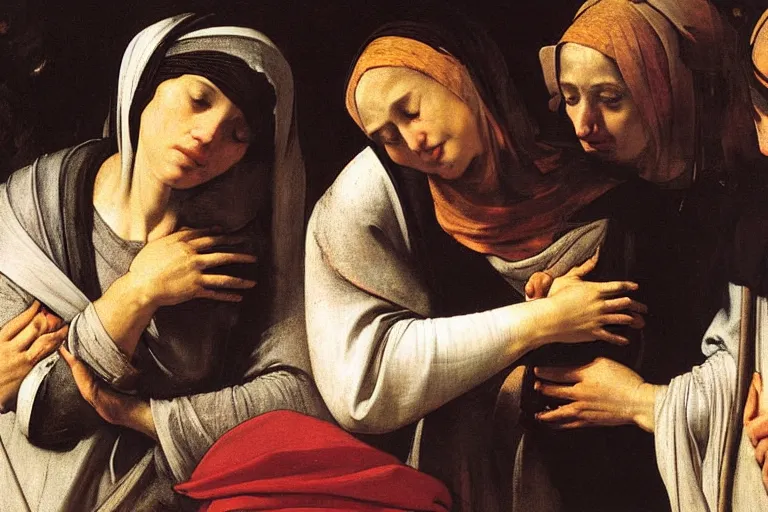 Prompt: 3 women mourning at the tomb of christ, caravaggio, rubens