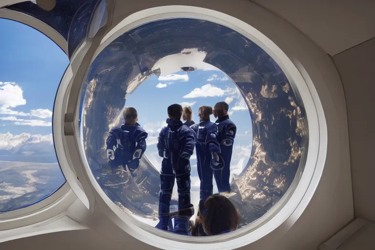 Image similar to sci-fi scene of space tourists in glamourous spaceship bedroom looking out large circular window at earth orbit By Emmanuel Lubezki