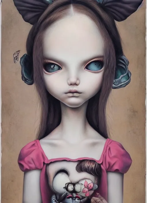 Image similar to pop surrealism, lowbrow art, realistic cute alice girl painting, japanese street fashion, hyper realism, muted colors, mark ryden, trevor brown style