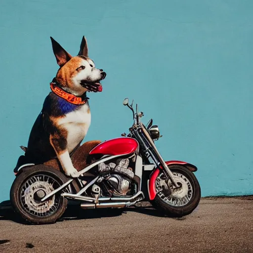 Image similar to blue heeler dog on a motorcycle, 8 k photography, blurred background of a wafflehouse