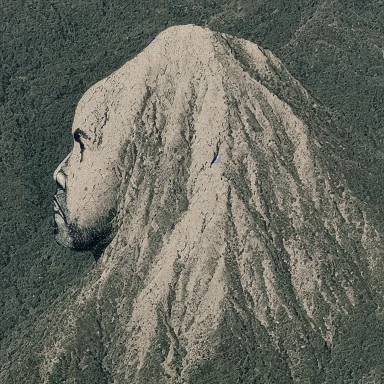 Prompt: Mountain in the shape of Kanye West's head, aerial photograph