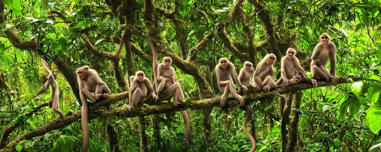 Image similar to a family of monkeys swing through the trees in a beautiful jungle landscape bordered by vines, flowers, tropical birds, snake, river with stunning water, weta pixar high fantasy many detailed features photorealism