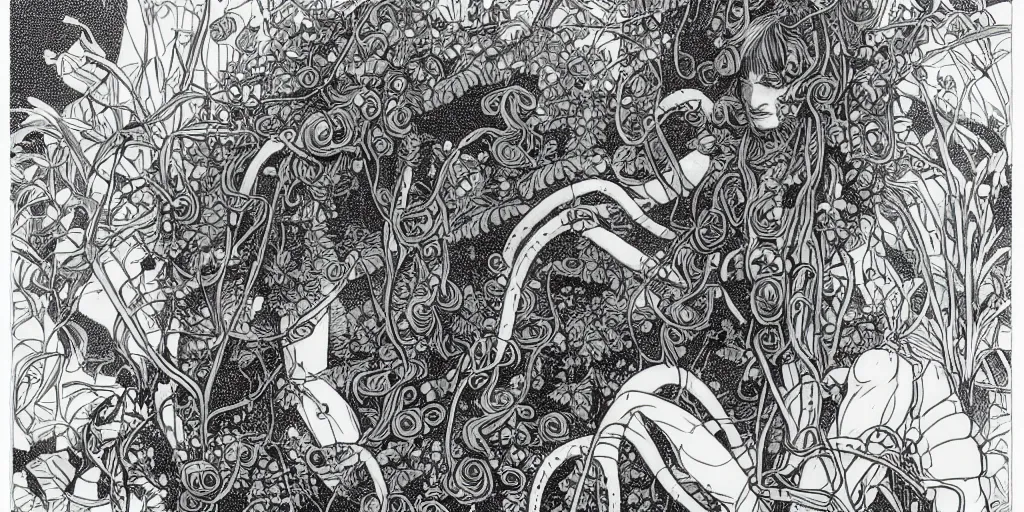 Image similar to risograph grainy drawing vintage sci - fi, antagonist girl, moebius color palette, face covered with plants and flowers, wearing futuristic scaphander with lot of vires and tentacles, exotic plants around and on the background, parking lot, painting by moebius and satoshi kon and dirk dzimirsky close - up portrait