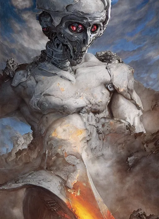 Prompt: portrait of a diabolical marble stone cyborg, wearing torn white cape, dynamic pose, glowing eyes, post apocalyptic ancient ruins, glowing veins subsurface scattering, in clouds, sunset, portrait, by gerald brom, by mikhail vrubel, by peter elson, muted colors, extreme detail, trending on artstation, 8 k